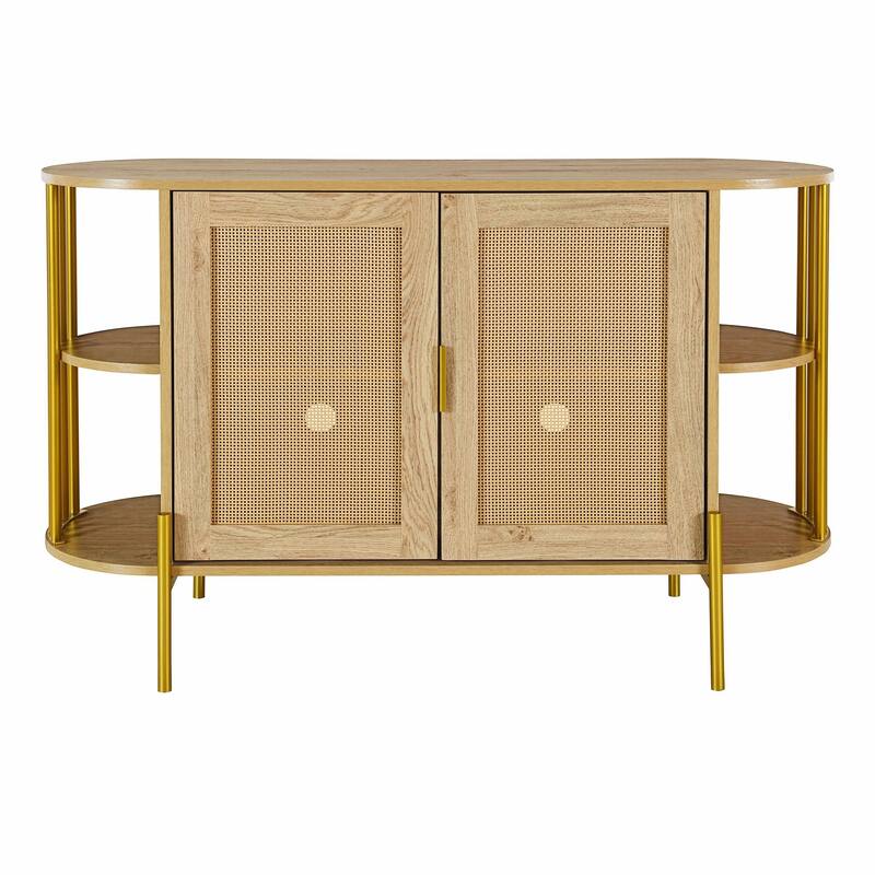 2-Door Curved Dining Cabinet - Elegant with Gold Trim and Woven Rattan Doors