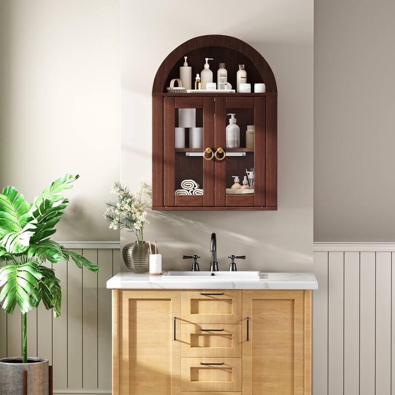Wall Mounted Arched Cabinet with Glass Doors, Light and Adjustable Shelves for Laundry Room, Bathroom, Kitchen