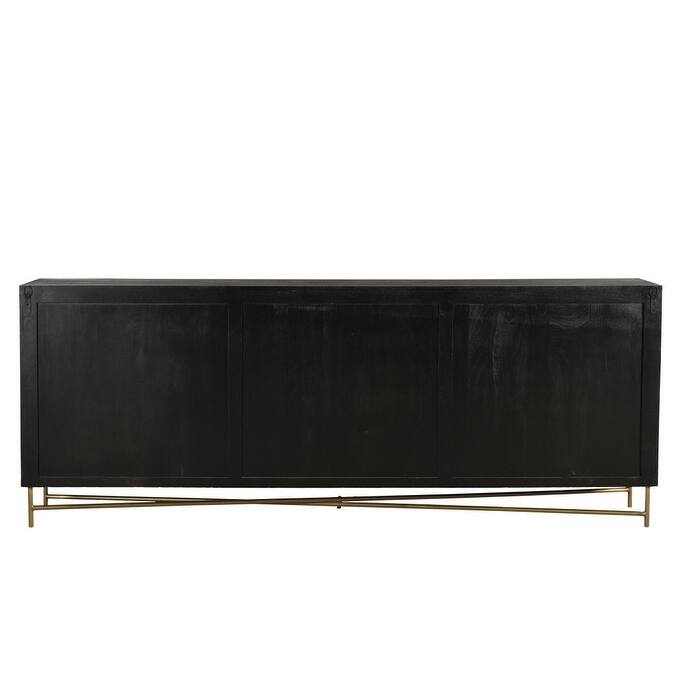HomeRoots 95" Black Distressed Solid Wood Carved Geometric Sideboard with Six Doors - 95.00 in. x 37.00 in. x 15.50 in.