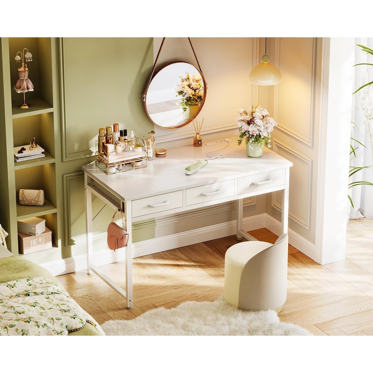 Vanity Desk without Mirror Makeup Vanity with Fabric Drawers Vanity Desk Dressing with Charging Station Desk Make Up Vanity