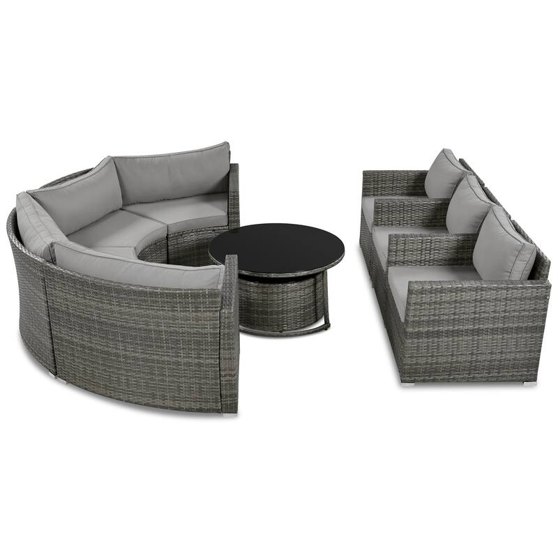 9 Piece Half-Moon Outdoor Sofa Set, All-Weather Rattan Conversation Furniture Set, Round Sofa Set with Coffee Table