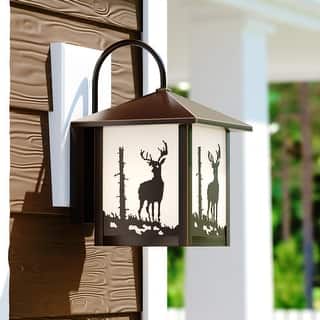 VAXCEL Bryce 12.5 in. H 1-Light Burnished Bronze Rustic Deer Outdoor Wall Sconce, Steel, White Tiffany Glass Shade