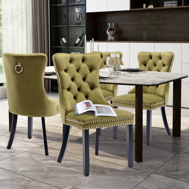 Solid Wood Velvet Upholstered Dining Chair Set of 2 - Olive