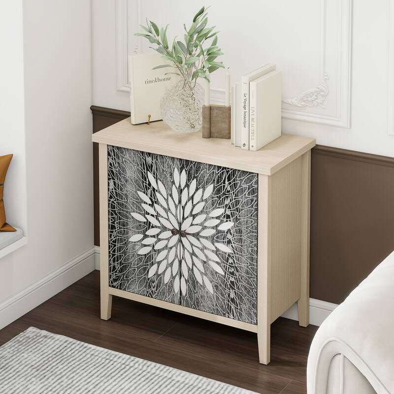 GDFStudio - Oakcraft Traditional Wooden Accent Storage Cabinet with 2 Carved Doors