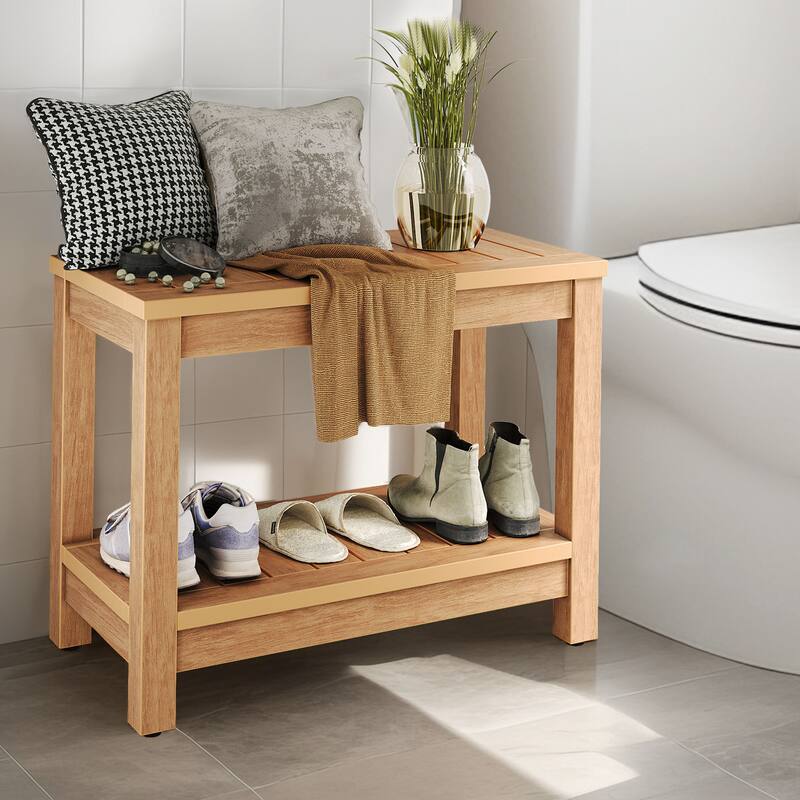 Moasis 2-Tier Shower Bench Water Resistant Bath Shower Stool With Storage Shelf - Brown