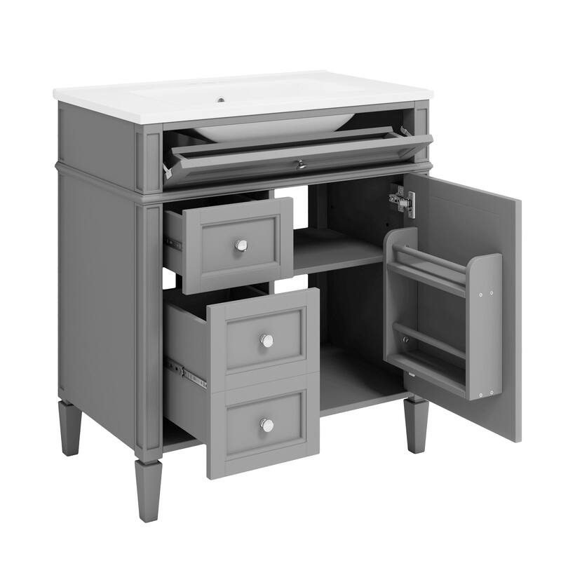 30-Inch Modern Bathroom Vanity with Ceramic Sink, 3 Drawers, Storage Cabinet, and Soft-Close Doors