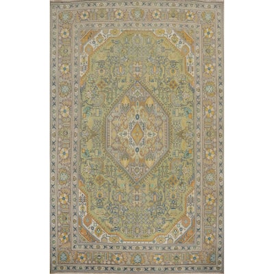 Hand Knotted Oriental 100% Wool Carpet Traditional Medallion Green Tabriz Area Rug - 11' 0'' X 8' 1''