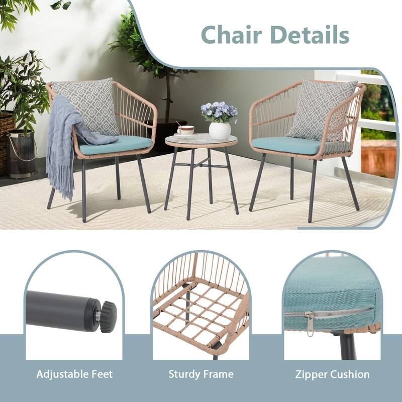 Green 3-Pc Patio Set,Wicker Chairs & Glass Table