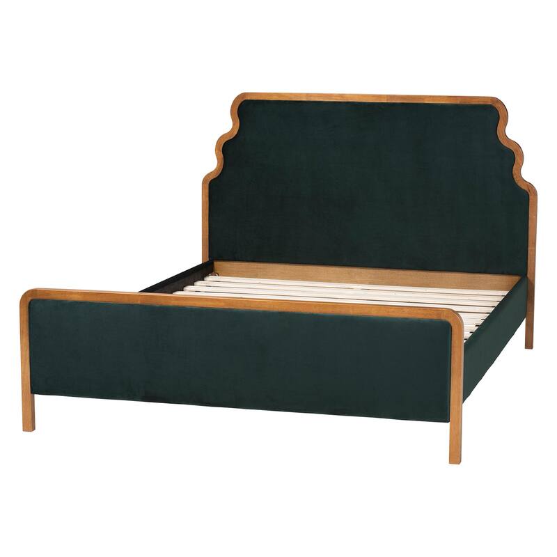 Gerianne Velvet Upholstered Platform Bed - Classic European Bed Frame with Scalloped Headboard and Wood Trim
