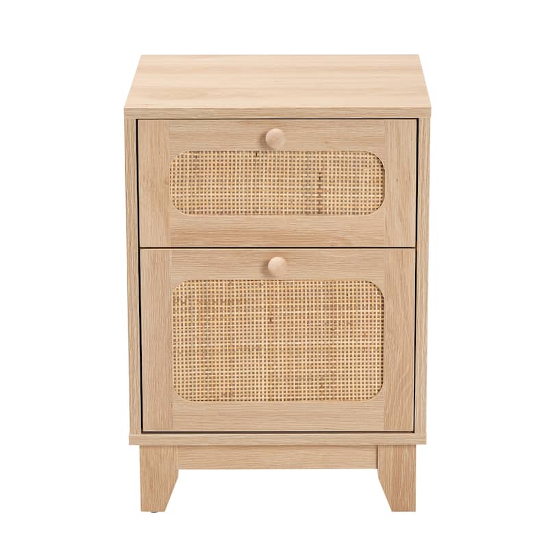 Elsbeth Mid-Century Modern Light Brown Finished Wood and Natural Rattan 1-Drawer End Table
