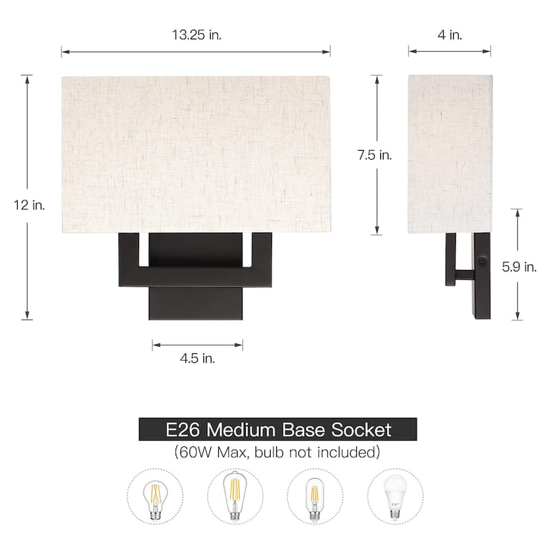 12in H Dark Bronze Wall Sconce Light With Oatmeal Fabric Shade