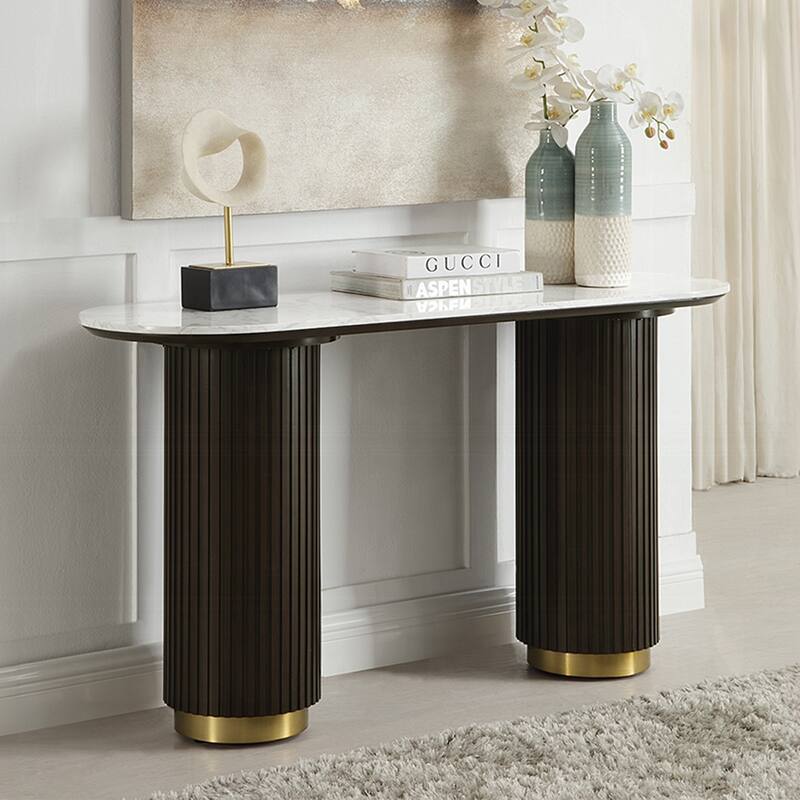 Oval Sofa Table with Faux Marble Top in White and Espresso