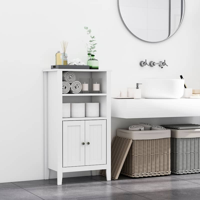 Kleankin Bathroom Cabinet Organizer with 2-Tier Open Shelves, Double Door Enclosed Storage and Elevated Base