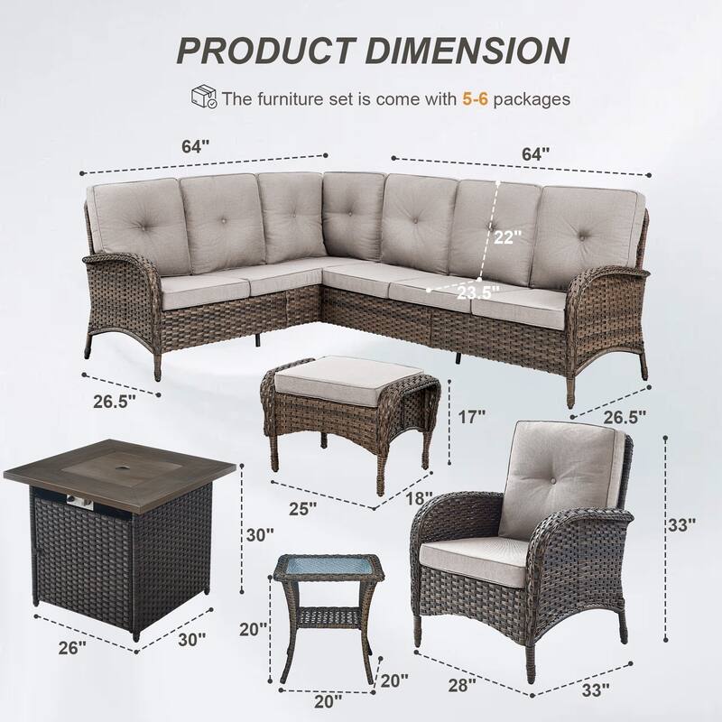 Gymojoy L-Shaped Outdoor Sectional Sofa Set with Fire Pit, Chairs & Ottomans