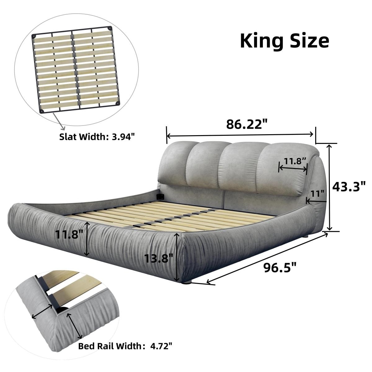 Queen/King Size Upholstered Platform Bed with Oversized Padded Backrest, Modern Bed Frame with Thickening Pinewooden Slats