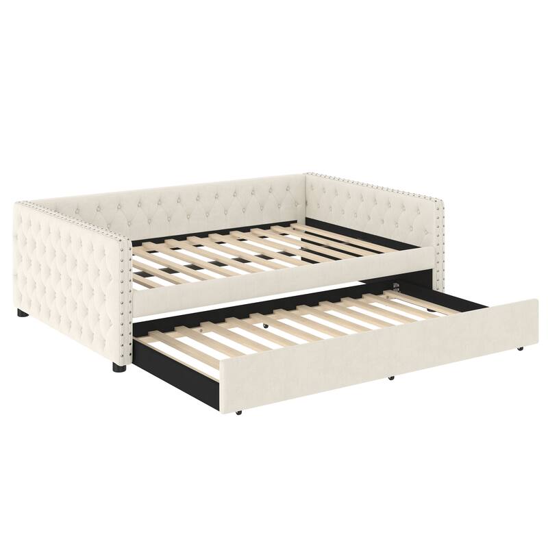 Daybed, Upholstered Tufted Sofa Bed with Trundle, Daybed with Button & Copper Nail on Square Arms, Daybed with Trundle
