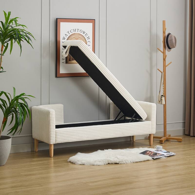 65.35" Wide Corduroy Storage Soft Bench with Armrests, Backrest and Two bolster Pillows for Living Room