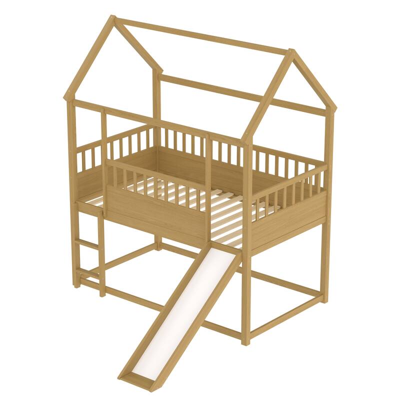 Twin Over Twin Pine Wood House Bunk Bed with Convertible Slide/Ladder and Safety Guardrail