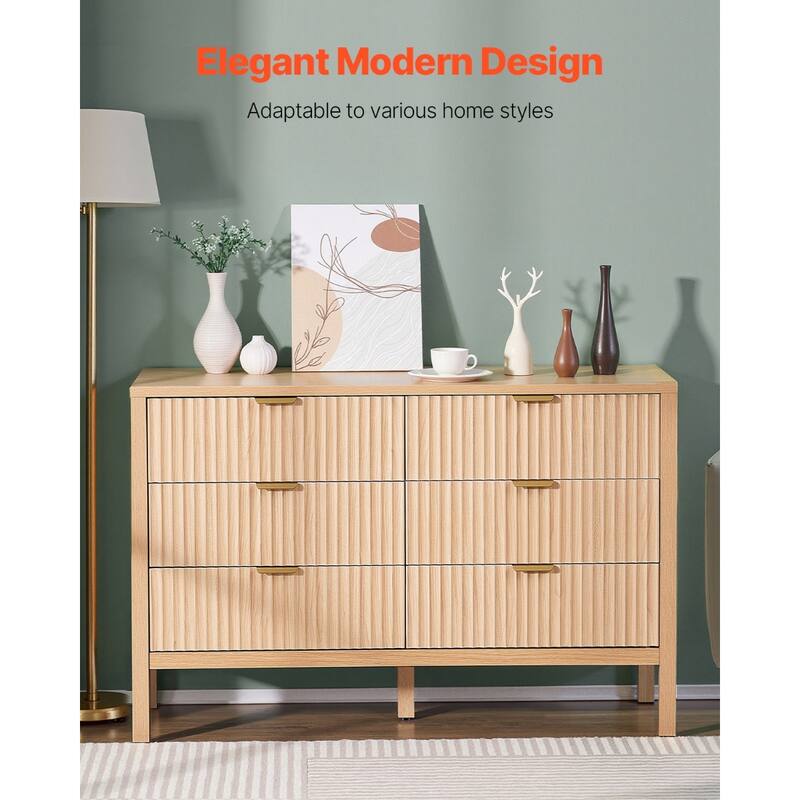 Light Wood MDF Drawer Dresser with Drawers, Wavy Design and Metal Handles