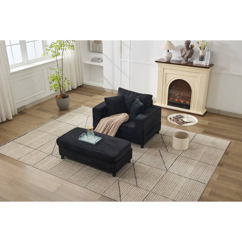 Chaise Lounge Chair with Removable Ottoman, Modern Accent Armchair Corduroy Sleeper Sofa Chair with Pillows for Living Room