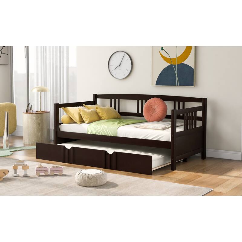 Twin Size Wood Daybed with Trundle, Espresso Finish, Space-Saving Design