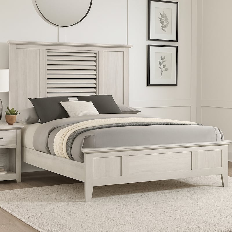 Sary Queen Size Bed w Tall Louvered Headboard, Tapered Front Legs, Off White