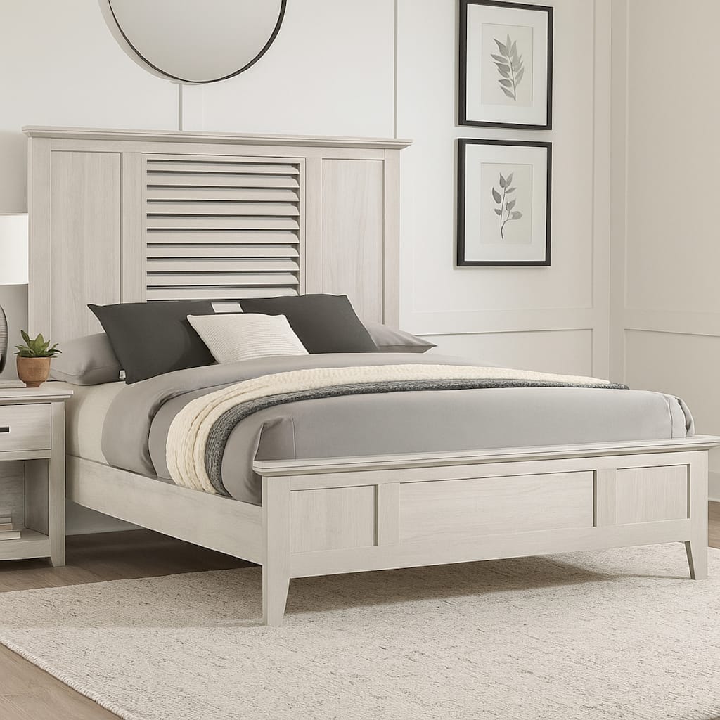 Sary Queen Size Bed w Tall Louvered Headboard, Tapered Front Legs, Off White