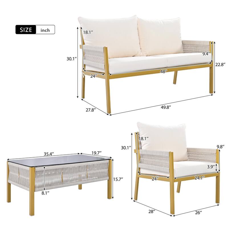 4-Piece Patio Furniture Set, Outdoor Garden Conversation Set with Tempered Glass Table, Deep Seating and Thick Cushion