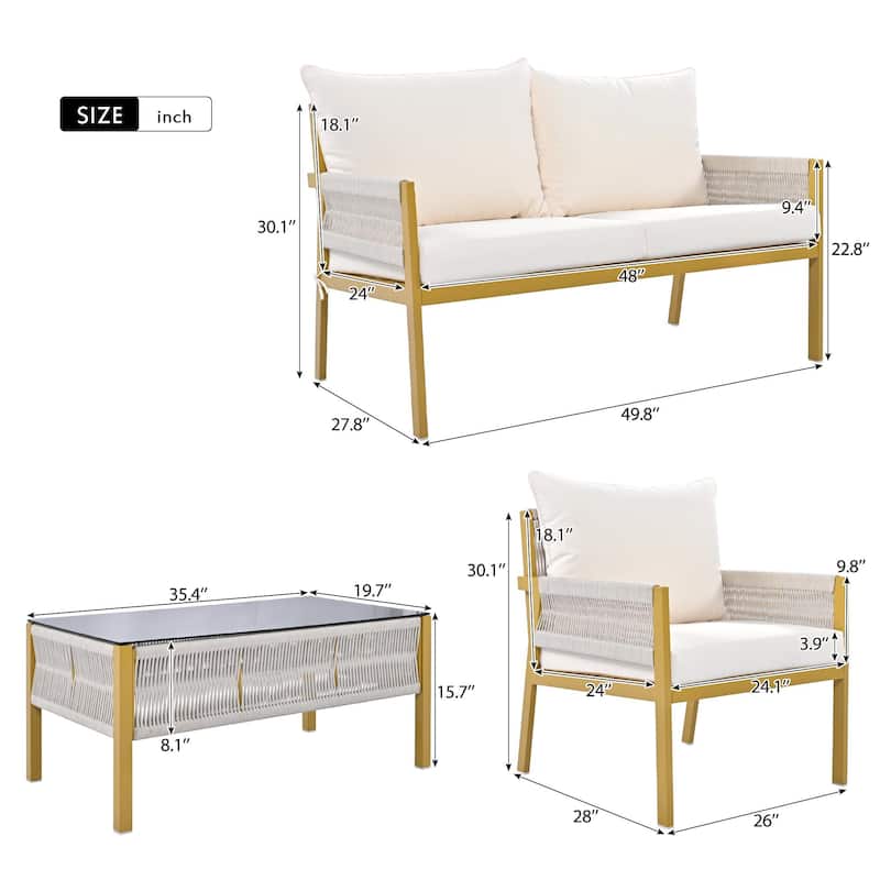 4-Piece Rope Outdoor Patio Furniture Set, Patio Conversation Set - 1Loveseat&1Table&2Chairs