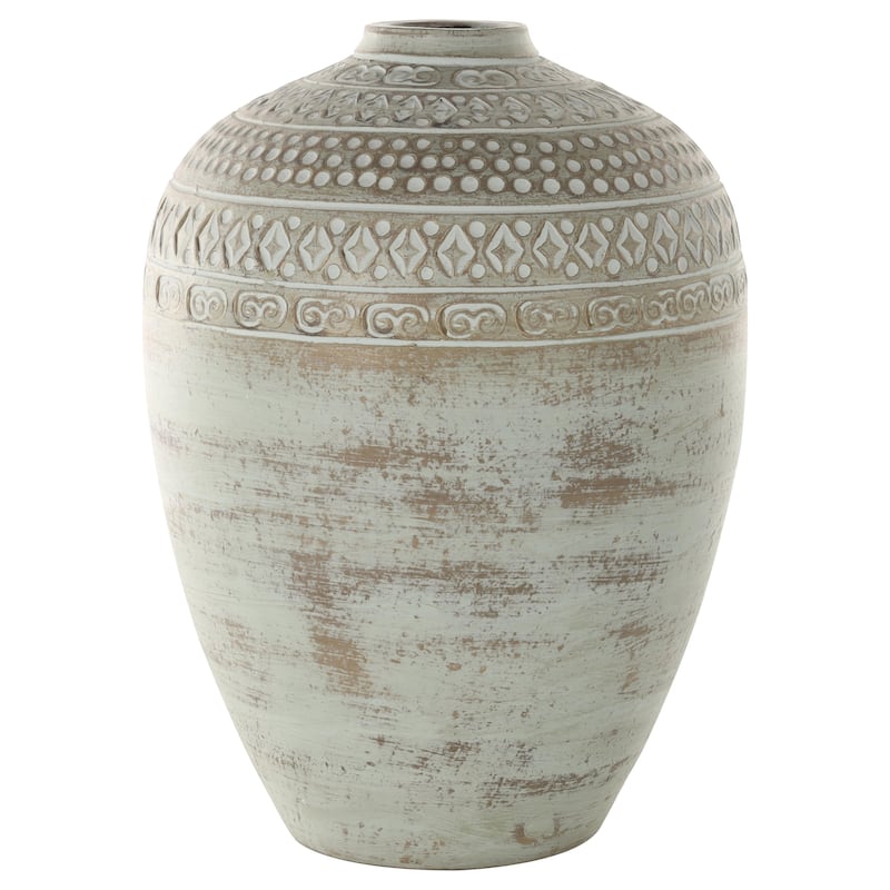 Ceramic Handmade Antique Style Decorative Vase with Geometric Tribal Carvings - Green - Roche River Decor