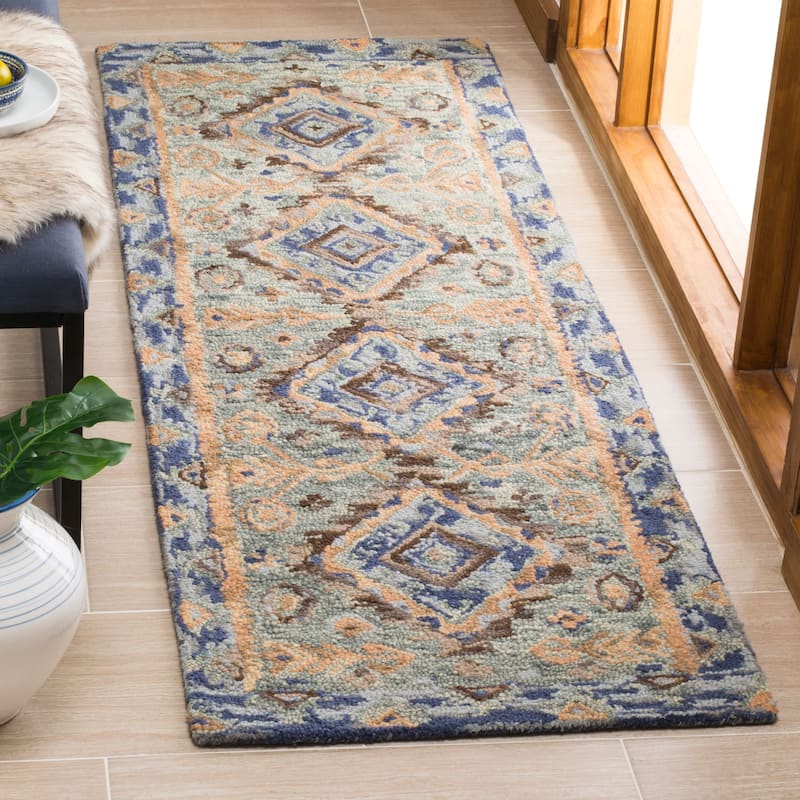 SAFAVIEH Handmade Aspen Ermira Boho Tribal Wool Rug - 2'3" x 13' Runner - Blue/Beige