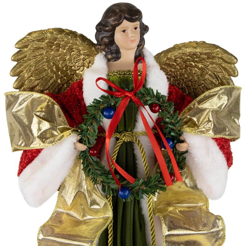 18" Red and Green Angel with Wreath Christmas Tree Topper, Unlit