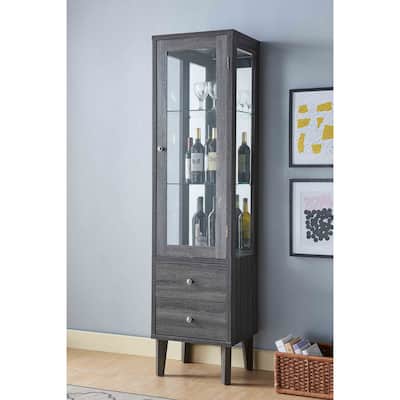 Q-Max 72"H Lighted Curio Cabinet with Mirrored Back, Clear Glass Door, Two Glass Shelves, and Two Drawers in Distressed Grey