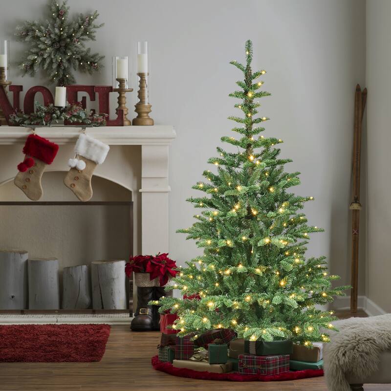 6ft Pre-Lit Christmas Tree with 300 Warm White LED Lights, 611 PE+PVC Tips, Realistic Layered Look, Unique Wooden Base