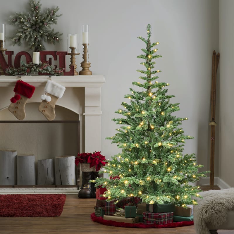 7ft Pre-Lit Christmas Tree with 400 Warm White LED Lights,941 PE+PVC Tips,Realistic Layered Look,Unique Wooden Base