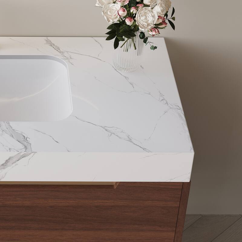 35.4" Farmhouse Floating Bathroom Vanity - Sintered Stone Top with Undermount Sink, 4 Drawers, Wall-Mounted