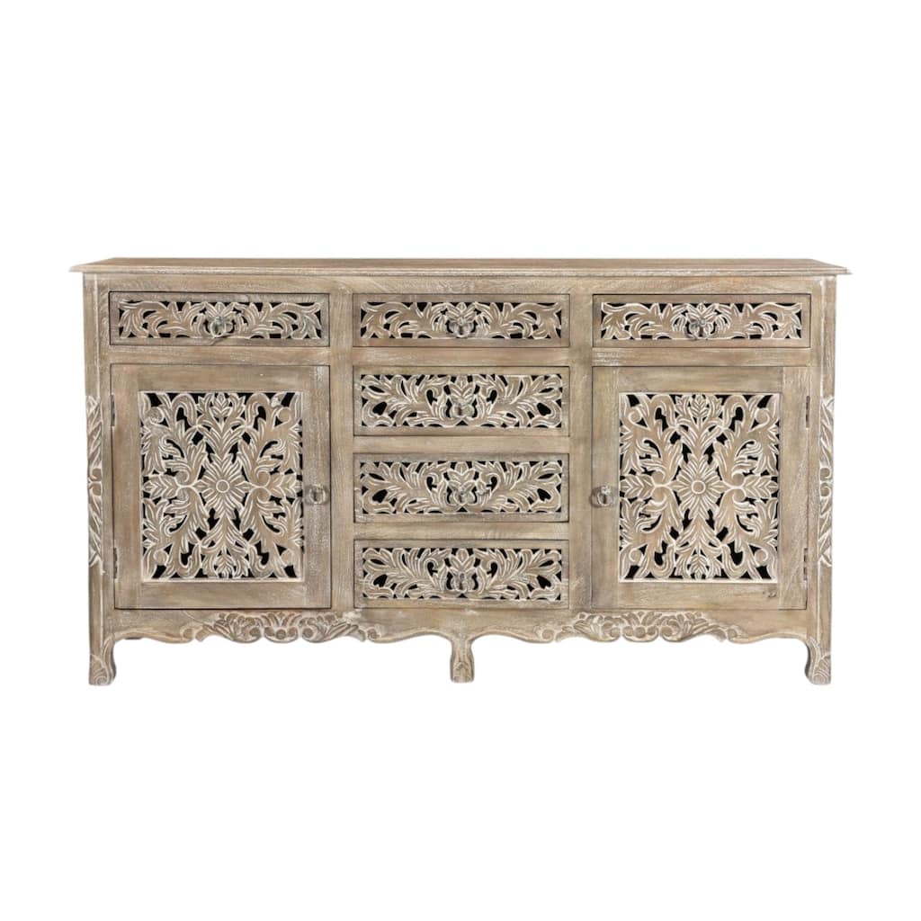 HomeRoots 66" Gray Distressed Solid Wood Carved Floral Six Drawer Sideboard with Two Doors - 66.00 in. x 36.00 in. x 20.00 in.