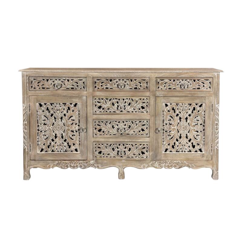 HomeRoots 66" Gray Distressed Solid Wood Carved Floral Six Drawer Sideboard with Two Doors - 66.00 in. x 36.00 in. x 20.00 in.