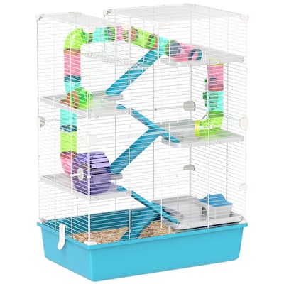 PawHut Hamster Cage, 6 Tier Small Animal Cage with Tubes and Tunnels, 32" DIY Design Large Hamster Cage with Hut, Light Blue