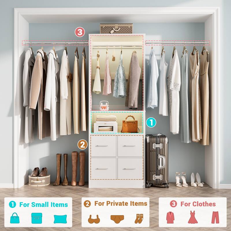 Rackcog 103'' Closet Organizer with 4 Cubes, Closet System with Fabric Drawers and 3 Hanging Rods