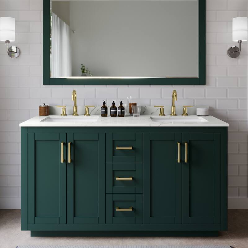 Wyndham Collection WCF292960D-QTZ-US3MXX Miranda 60" Free Standing - Green / Giotto Quartz Top / Brushed Gold Hardware