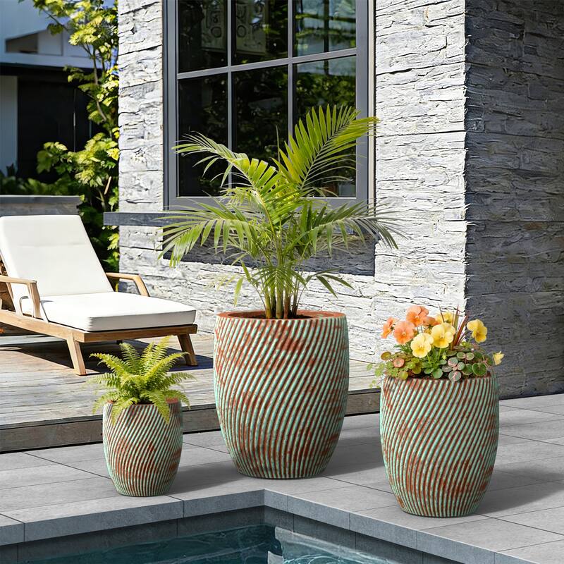 Concrete Tall Round Planter with Teal Stripes with Drainage Holes