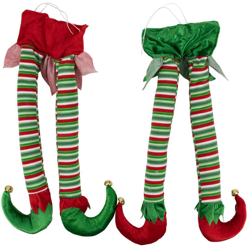 Set of 2 Red Green Striped Plush Elf Legs Christmas Decorations 18"