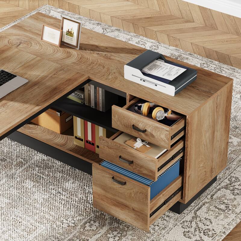 71-Inch Executive Desk, L-Shaped Desk with Cabinet