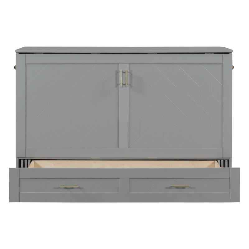 Gray Queen Size Wooden Loft Bed with Upholstered Storage Shelf and Desk