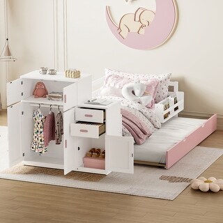 Twin Wood Platform Bed with Trundle Bed, Bookshelf & Wardrobe, Pink&White