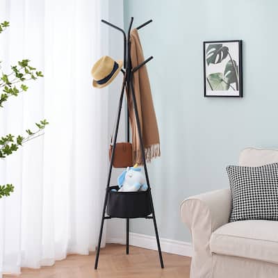 Javlergo Coat Rack, Freestanding Coat Rack with 6 Hooks and one Storage Basket Tree Coat Racks for Bedroom, Hallway