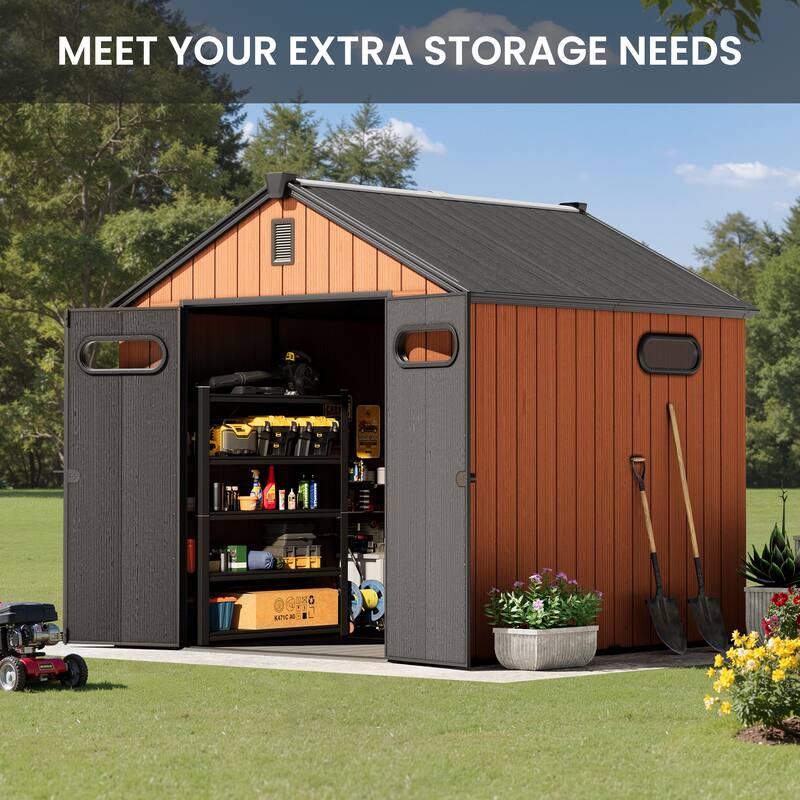 Outdoor Resin Storage Shed with Floor, Garden Shed with Lockable Door, Windows & Vents, Outside Tool Storage Shed