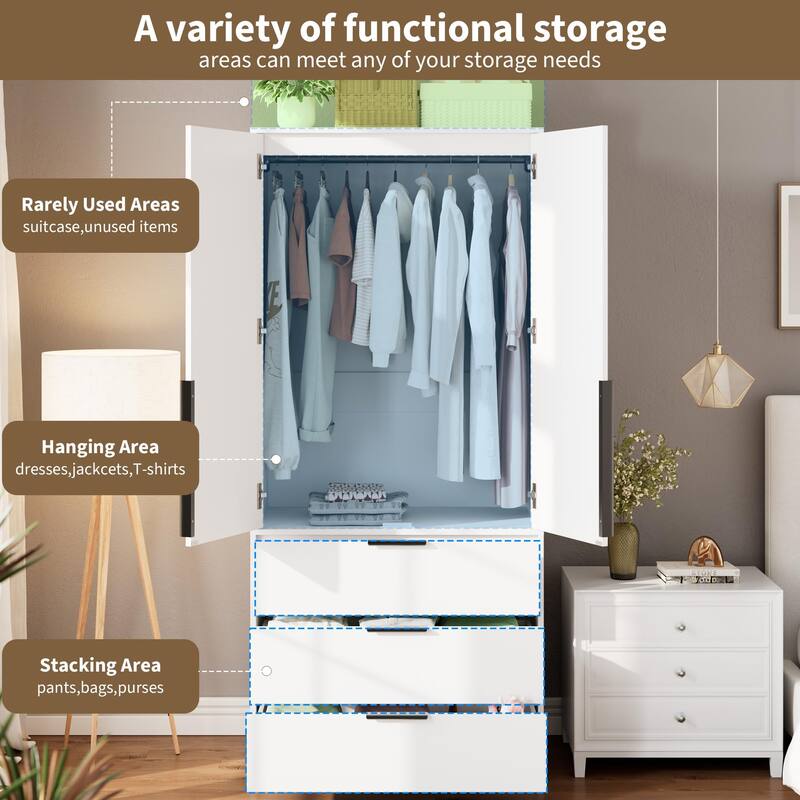 69.5" Armoire Wardrobe Closet with Rattan Doors, 3 Drawers & Hanging Rod, Wooden Storage Cabinet for Bedroom