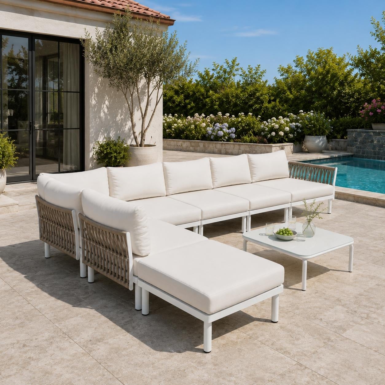 Outdoor Aluminum Sectional Sofa Set, Modular Patio Conversation Seating with PE Rattan, Free Combination